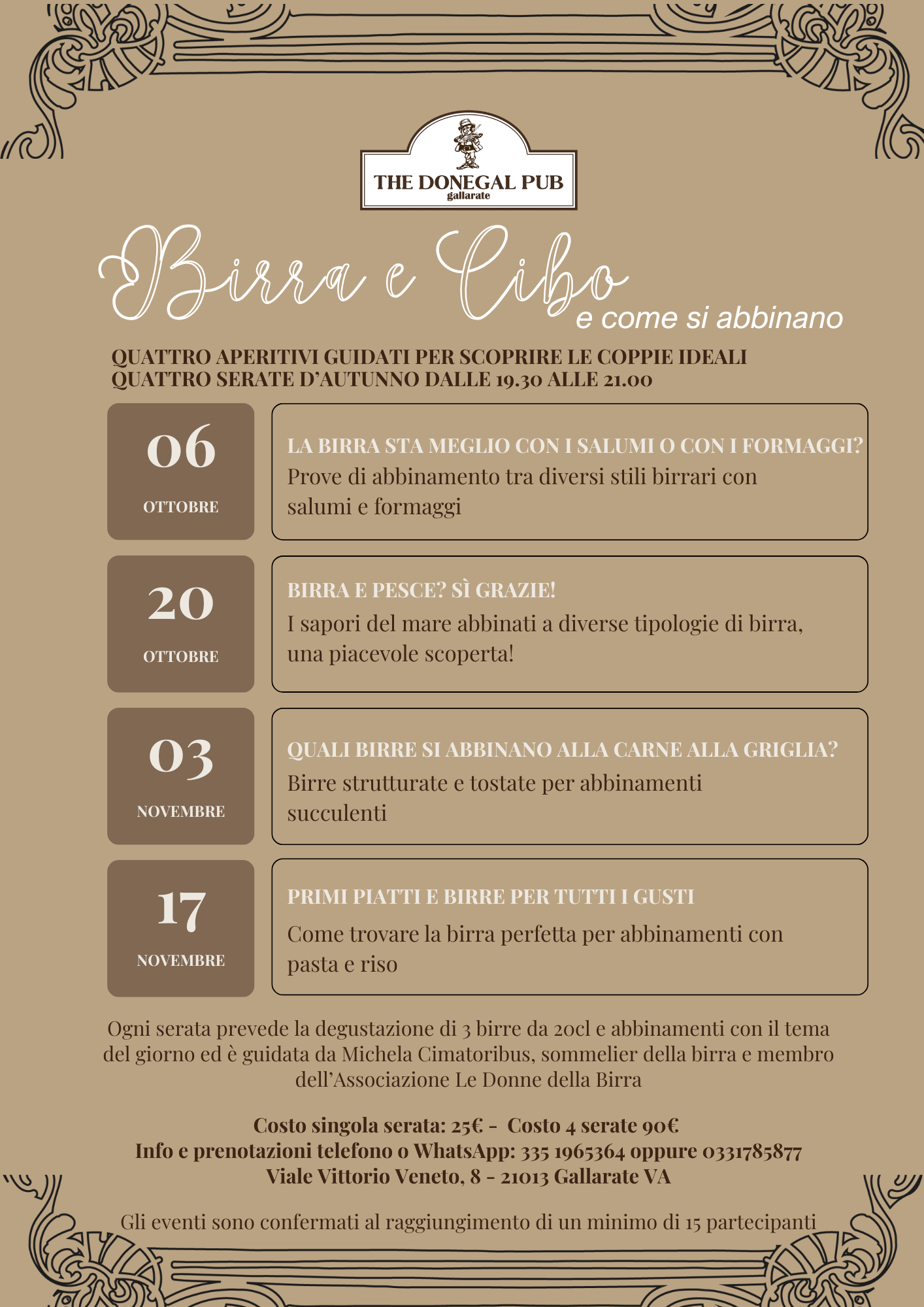 quattro serate di abbinamento cibo e birra al The Donegal Pub